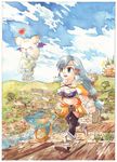  black_legwear blue_hair breasts cleavage cloud commentary_request day eggru final_fantasy final_fantasy_crystal_chronicles green_eyes large_breasts long_hair moogle open_mouth river sandals selkie sky smile solo traditional_media watercolor_(medium) 