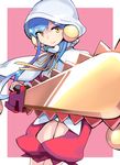  blue_hair chainsword chaps cowboy_shot flower_knight_girl hood looking_at_viewer pink_background shamusakuraran_(flower_knight_girl) short_hair sidelocks smile solo usuaji yellow_eyes 