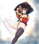  bandages black_hair black_legwear blush bottomless breasts cape collar crotch_rub fingerless_gloves gloves harukigenia hat highres kono_subarashii_sekai_ni_shukufuku_wo! megumin nipples open_mouth pussy pussy_juice red_eyes short_hair single_thighhigh small_breasts solo staff thighhighs witch_hat 