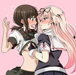  assertive black_gloves black_ribbon black_serafuku blonde_hair blush bra breast_grab breasts brown_hair eye_contact fingerless_gloves fubuki_(kantai_collection) full-face_blush gloves grabbing gradient_hair green_eyes hair_flaps hair_ornament hair_ribbon hairclip hand_on_breast highres kantai_collection long_hair looking_at_another low_ponytail medium_breasts midriff multicolored_hair multiple_girls navel okuba open_mouth pink_background pleated_skirt ponytail red_eyes remodel_(kantai_collection) ribbon sailor_collar scarf school_uniform serafuku shirt_lift short_hair short_ponytail short_sleeves skirt tears teeth tongue underboob underwear white_scarf yuri yuudachi_(kantai_collection) 