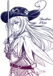  androgynous belt capelet chevalier_d'eon_(fate/grand_order) fate/grand_order fate_(series) flower frills grimjin hat hat_feather hat_flower hatching_(texture) highres holding holding_weapon long_hair monochrome navel navel_cutout rapier sidelocks solo sword upper_body weapon 