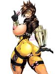  1girl areolae ass bodysuit breasts breasts_outside brown_eyes brown_hair crotchless curvy gloves huge_breasts jacket nipples open_mouth overwatch puffy_nipples redchicken sex_toy short_hair smile solo thick_thighs tongue tongue_out tracer_(overwatch) vibrator wide_hips 