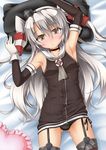  :o adapted_costume amatsukaze_(kantai_collection) armpits arms_up ass ass_visible_through_thighs bare_shoulders black_hair black_panties blush brown_dress brown_eyes buttons choker detached_sleeves dress frilled_pillow frills garter_straps gloves hair_between_eyes hair_tubes highres kantai_collection lifebuoy long_hair long_sleeves looking_at_viewer lying on_back panties pillow red_legwear roura sailor_collar sailor_dress short_dress side-tie_panties silver_hair single_glove sleeveless sleeveless_dress solo thigh_gap thighhighs thighs two_side_up underwear white_gloves windsock 