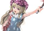  american_flag_dress bare_arms blonde_hair clownpiece hat ichiba_youichi jester_cap long_hair looking_at_viewer open_mouth outstretched_arm pink_eyes smile solo torch touhou upper_body very_long_hair 