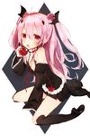  apple bare_shoulders bat_wings biting black_dress black_footwear black_legwear boots detached_sleeves dress eating fang food frilled_sleeves frills fruit gijxgij head_wings highres holding holding_food holding_fruit krul_tepes long_hair looking_at_viewer mini_wings open_mouth owari_no_seraph pink_hair pointy_ears red_eyes red_ribbon ribbon short_dress sitting sleeveless sleeveless_dress solo teeth thigh_boots thighhighs very_long_hair wariza wings 
