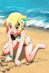  1girl akatsuki_kirika beach bikini blonde_hair blush breasts commentary_request day flower frilled_bikini frills green_eyes hair_flower hair_ornament looking_at_viewer medium_breasts ocean open_mouth outdoors sand senki_zesshou_symphogear shiny shiny_hair shiny_skin short_hair side-tie_bikini sitting smile solo striped striped_bikini swimsuit wariza water yuu_yuu_(netaeshi58) 