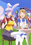  absurdres alice_(wonderland) alice_(wonderland)_(cosplay) alice_in_wonderland animal_ears blonde_hair blue_eyes bunny_ears chair cosplay crossed_legs dagashi_kashi day eating endou_saya food hair_ornament hairpin highres ice_cream_spoon long_hair multiple_girls nail_polish official_art purple_hair ramune red_nails ribbon shidare_hotaru sitting sky snack spoon thighhighs umaibou white_legwear white_rabbit white_rabbit_(cosplay) 