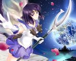  bishoujo_senshi_sailor_moon black_hair bow brooch brown_bow castle choker elbow_gloves expressionless gloves holding holding_spear holding_weapon jewelry looking_at_viewer magical_girl masaki_mitsuki outstretched_hand petals planet polearm purple_eyes purple_sailor_collar purple_skirt sailor_collar sailor_saturn sailor_senshi_uniform short_hair silence_glaive skirt solo spear star star_choker tiara tomoe_hotaru weapon white_gloves 