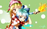  ;d american_flag_dress bangs blonde_hair blue_dress blue_eyes blue_hair bow cirno clownpiece cocked_eyebrow dress fairy_wings glomp green_background hair_between_eyes hair_bow hand_up hat hug hug_from_behind ice ice_wings jester_cap long_hair long_sleeves looking_at_another multiple_girls one_eye_closed open_mouth outstretched_arm puffy_short_sleeves puffy_sleeves red_eyes ribbon shiny shiny_hair shirt short_hair short_sleeves signature sleeveless sleeveless_dress smile torch touhou upper_body very_long_hair wallpaper welt_(kinsei_koutenkyoku) white_shirt wings 