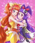  amanogawa_kirara bare_shoulders blush bracelet brown_hair chocokin cure_magical cure_twinkle earrings elbow_gloves gloves go!_princess_precure grin hairband highres hug izayoi_liko jewelry lipstick mahou_girls_precure! makeup mini_wings multicolored_hair multiple_girls one_eye_closed precure purple_eyes purple_hair red_hair smile star star_earrings tiara twintails two_side_up 