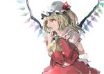  ascot blonde_hair fangs flandre_scarlet hat hat_ribbon ichiba_youichi mob_cap open_mouth puffy_short_sleeves puffy_sleeves ribbon sash shirt short_sleeves side_ponytail skirt skirt_set solo touhou upper_body vest wings 