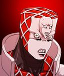  clenched_teeth face gradient gradient_background jojo_no_kimyou_na_bouken king_crimson_(stand) no_humans red_background solo stand_(jojo) teeth vento_aureo 