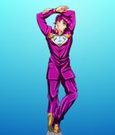  arms_up blue_background brooch c-7_(assate) full_body gakuran gradient gradient_background green_eyes heart higashikata_jousuke jewelry jojo_no_kimyou_na_bouken jojo_pose male_focus peace_symbol pompadour pose profile purple_hair school_uniform smile solo zipper 