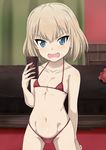  :o angry arm_behind_back bangs bed bikini blue_eyes blush cellphone clenched_hand collarbone emblem fang flat_chest girls_und_panzer groin holding holding_phone indoors inoshira katyusha legs_apart looking_at_viewer micro_bikini navel phone pillow pravda_(emblem) red_bikini self_shot short_hair silver_hair smartphone solo string_bikini swimsuit v-shaped_eyebrows wavy_mouth 