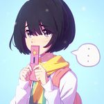  1girl bangs black_eyes black_hair blunt_bangs blush cellphone ilya_kuvshinov kokoro_ga_sakebitagatterunda. looking_at_viewer naruse_jun phone scarf short_hair solo 