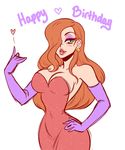  bare_shoulders breasts curvy dress earrings elbow_gloves eyeshadow gloves green_eyes hair_over_one_eye jessica_rabbit jewelry large_breasts lips lipstick long_hair makeup orange_hair red_dress red_lipstick solo spewing_mews who_framed_roger_rabbit 