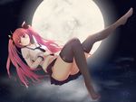  ahoge ass bad_id bad_pixiv_id bangs black_legwear black_neckwear blouse blue_skirt blush closed_mouth date_a_live floating floating_hair full_body full_moon hair_ornament highres itsuka_kotori leg_up long_hair long_sleeves miniskirt moon navel necktie night night_sky no_shoes outdoors panties pantyshot pleated_skirt red_eyes red_hair school_uniform serafuku skirt sky smile solo stomach striped striped_panties thighhighs twintails underwear very_long_hair white_blouse wujia_xiaozi 