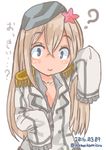  :&gt; admiral_(kantai_collection)_(cosplay) alternate_costume blonde_hair blue_eyes commentary_request flower hair_flower hair_ornament highres jigsaw_(iori) kantai_collection legs long_sleeves military_hat military_uniform one-piece_tan ro-500_(kantai_collection) tan twitter_username 