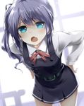  alternate_eye_color belt blouse blue_eyes bright_background buttons dress fang grey_hair hair_ribbon hands_on_hips jurakin kantai_collection kasumi_(kantai_collection) leaning_forward long_hair long_sleeves looking_at_viewer open_mouth ponytail red_ribbon remodel_(kantai_collection) ribbon school_uniform side_ponytail sleeveless sleeveless_dress solo white_blouse 