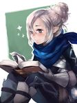  bandana book diamond-shaped_pupils fire_emblem fire_emblem_if gloves grey_eyes grey_hair hair_bun kanna_(female)_(fire_emblem_if) kanna_(fire_emblem_if) pointy_ears rui_(kyaptan) scarf sitting solo sparkle symbol-shaped_pupils white_background 