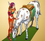  aqua_eyes brown_hair c-7_(assate) feathers grazing_(livestock) green_eyes hat heart horse horseshoe johnny_joestar jojo_no_kimyou_na_bouken male_focus saddle shadow spurs star star_print steel_ball_run 