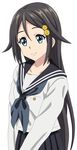  black_hair blue_eyes blue_neckwear collarbone cp9a hair_ornament hayami_saori hyouka izumi_reina juumonji_kaho long_hair long_sleeves musaigen_no_phantom_world pleated_skirt school_uniform seiyuu_connection serafuku skirt smile solo very_long_hair 