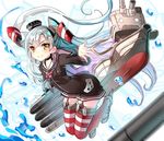  &gt;:) amatsukaze_(kantai_collection) arched_back brown_dress choker dress garter_straps gloves hair_tubes highres kantai_collection lifebuoy long_hair long_sleeves looking_at_viewer machinery o_o open_hand red_legwear rensouhou-kun sailor_collar sailor_dress sho_(runatic_moon) short_dress silver_hair single_glove smile solid_circle_eyes striped striped_legwear thighhighs torpedo turret two_side_up v-shaped_eyebrows water white_gloves windsock yellow_eyes 