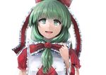  arm_ribbon bow front_ponytail green_eyes green_hair hair_bow head_tilt ichiba_youichi kagiyama_hina long_hair looking_at_viewer open_mouth puffy_short_sleeves puffy_sleeves ribbon short_sleeves simple_background slit_pupils smile solo touhou upper_body white_background 