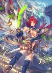  absurdres angel_wings bare_shoulders blade blue_gloves blue_legwear breasts cleavage commentary_request cowboy_shot dual_wielding elbow_gloves fantasy gloves halo head_wings highres holding large_breasts looking_at_viewer melon22 navel original red_eyes red_hair short_hair smile solo thighhighs wing_ornament wings 