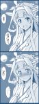  1girl 2koma :d blush breasts comic commentary_request double_bun eyebrows_visible_through_hair hairband head_tilt highres kantai_collection kongou_(kantai_collection) long_hair looking_at_viewer medium_breasts monochrome moon musical_note nontraditional_miko open_mouth remodel shigure_ryuunosuke smile speech_bubble sweatdrop translation_request 