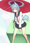  animal_ears blue_eyes blue_hair commentary_request covering covering_crotch fox_ears fox_tail holding holding_umbrella karakura kitsune looking_at_viewer neckerchief oriental_umbrella original pleated_skirt school_uniform serafuku short_hair sitting skirt smile solo tail umbrella 