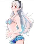  1girl bare_shoulders bk-love blush breasts fire_emblem fire_emblem_if hairband long_hair looking_at_viewer navel pointy_ears red_eyes silver_hair simple_background solo white_hair 