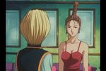  1girl 90s animated animated_gif baise bare_shoulders black_eyes blonde_hair blue_eyes braid breasts brown_hair camisole cleavage earrings hunter_x_hunter jewelry kurapika large_breasts lips lipstick long_hair makeup naughty_smile short_hair sound subtitled tabard training_suit 