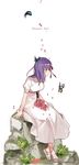  bug butterfly buun_ko dress fate/stay_night fate_(series) hair_ribbon highres insect long_hair matou_sakura petals purple_eyes purple_hair ribbon sitting solo 