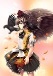  autumn_leaves bad_id bad_pixiv_id bird black_skirt black_wings brown_hair crow expressionless fan feathered_wings frilled_skirt frills hand_up hat leaf-pattern_stripe leaf_print light_particles ookashippo pink_background shameimaru_aya shirt short_hair short_sleeves skirt solo thighs tokin_hat touhou white_shirt wings 