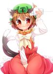  :3 animal_ears brown_eyes brown_hair cat_ears cat_tail chen closed_mouth commentary_request green_hat hat highres ibaraki_natou jewelry long_sleeves mob_cap multiple_tails nekomata short_hair single_earring solo string_phone tail touhou transparent_background two_tails 