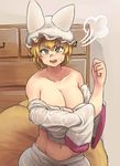  adapted_costume alternate_eye_color bare_shoulders blonde_hair breasts brown_eyes chanta_(ayatakaoisii) chest_of_drawers collarbone eyebrows eyebrows_visible_through_hair fox_tail hair_between_eyes hand_up hat huge_breasts indoors long_sleeves looking_at_viewer multiple_tails navel open_mouth pillow_hat shirt short_hair skirt solo stomach sweatdrop tail teeth tongue touhou undressing upset white_shirt white_skirt wide_sleeves yakumo_ran 