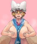  bangs between_breasts blonde_hair blush breasts chanta_(ayatakaoisii) covering_nipples deep_skin eyebrows eyebrows_visible_through_hair fox_tail hair_between_eyes hat highres huge_breasts looking_at_viewer multiple_tails open_mouth pillow_hat pink_background short_hair simple_background solo steam stomach sweat tabard tail teeth tongue touhou upper_body yakumo_ran yellow_eyes 