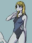  anthro blonde_hair blue_eyes blush breasts cetacean clothed clothing dickgirl dolphin hair intersex jamie_(ldr) ldr mammal marine one-piece_swimsuit solo swimsuit 