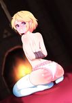 arms_behind_back ass bdsm blonde_hair blush bondage bound clenched_teeth dutch_angle eyelashes fireplace frilled_panties frills from_behind full-face_blush highres link looking_back male_focus neocoill otoko_no_ko panties pointy_ears restrained seiza short_hair sitting solo spanked teeth the_legend_of_zelda thighhighs triforce underwear white_legwear 
