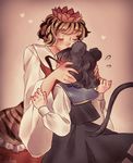  animal_ears blush brown_hair closed_eyes commentary forehead_kiss full-face_blush grey_hair hair_ornament heart highres kiss mouse_ears mouse_tail multiple_girls nazrin orz_(kagewaka) pink_background short_hair simple_background tail toramaru_shou touhou yuri 