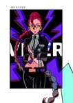  9-me belt between_breasts black_gloves blue_eyes breasts character_name crimson_viper dated earrings formal glove_pull gloves jewelry lips long_hair medium_breasts midriff navel necktie necktie_between_breasts pompadour red_hair shooting_glasses solo street_fighter street_fighter_iv_(series) suit sunglasses very_long_hair 