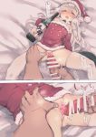  1boy 1girl bar_censor bare_shoulders bee_(deadflow) blush bottle censored detached_sleeves grey_hair hair_between_eyes hat heart heart_censor hetero highres imminent_vaginal kuryuu_kohaku long_hair nipples original penis pointy_ears red_hat santa_costume santa_hat sleeping tail thighhighs white_legwear 