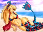  anthropomorphism beach bikini blonde_hair breasts cleavage iforher long_hair milotic navel pokemon red_eyes swimsuit tail thighhighs water 