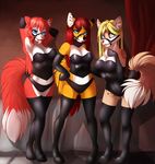  2016 anthro blonde_hair blue_eyes blue_nose breasts canine chloe-dog cleavage clothed clothing drooling female fox fur green_eyes group hair half-closed_eyes inside legwear long_hair looking_at_viewer mammal mussle open_mouth pink_nose raised_arm red_fur red_hair saliva tail_wrap tongue tongue_out white_fur wraps yellow_fur 