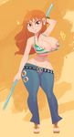  1girl areola_slip areolae bikini_top breasts brown_eyes carmessi cleavage curvy full_body large_breasts long_hair looking_at_viewer nami_(one_piece) one_piece orange_hair solo staff standing wide_hips 