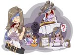  1girl apron beatrix belt blue_eyes breasts brown_hair chocolate chocolate_heart cleavage cooking eyepatch final_fantasy final_fantasy_ix fire gloves heart highres long_hair medium_breasts smoke solo sword upper_body weapon 