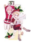  2boys ^_^ abandon_ranka akita_toushirou argyle argyle_legwear blonde_hair blue_eyes brown_gloves christmas closed_eyes computer eyes_closed gift gingerbread_man glasses gloves hakata_toushirou hat highres holly laptop legs_crossed legwear_under_shorts male_focus multiple_boys open_mouth pantyhose pink_hair red-framed_eyewear santa_costume santa_hat shorts sitting smile touken_ranbu v-shaped_eyebrows 