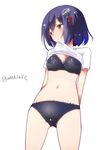  black_hair blush bra breasts brown_eyes haguro_(kantai_collection) hair_ornament kantai_collection looking_to_the_side medium_breasts mouth_hold nanasuke navel panties shirt_lift short_hair short_sleeves solo standing twitter_username underwear white_background 