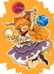  :d arm_up armpits bangs belt black_footwear blush_stickers chain closed_eyes cosplay cuffs earth_(ornament) eyebrows eyebrows_visible_through_hair fang fist_pump happy harusame_(unmei_no_ikasumi) horn_ribbon horns ibuki_suika jumping long_hair moon_(ornament) open_mouth orange_hair orb outstretched_arm ribbon shackles shirt shoes sidelocks skirt sleeveless smile socks solo touhou v-shaped_eyebrows very_long_hair white_legwear white_shirt wrist_cuffs 